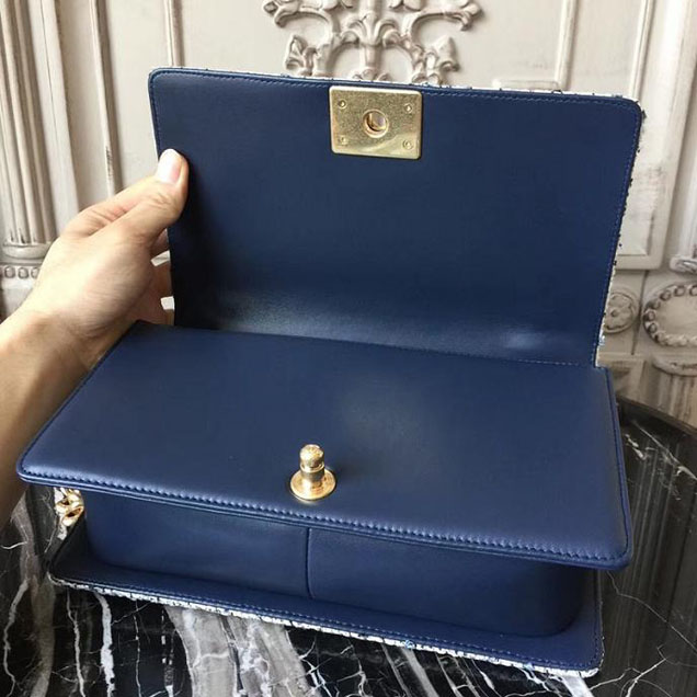 Chanel Boy Old Medium 25cm Bag Tweed Lambskin Leather Fall Winter 2017 Act 2 Collection Navy Blue