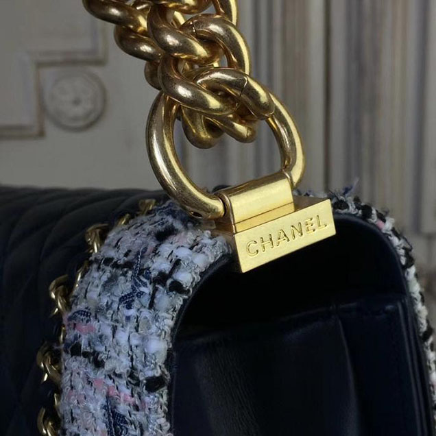 Chanel Boy Old Medium 25cm Bag Tweed Lambskin Leather Fall Winter 2017 Act 2 Collection Navy Blue