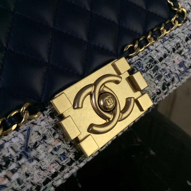 Chanel Boy Old Medium 25cm Bag Tweed Lambskin Leather Fall Winter 2017 Act 2 Collection Navy Blue