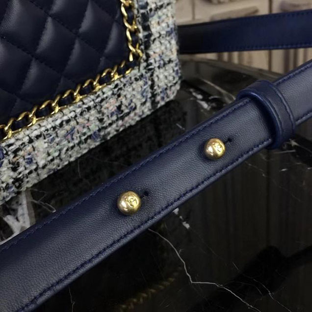 Chanel Boy Old Medium 25cm Bag Tweed Lambskin Leather Fall Winter 2017 Act 2 Collection Navy Blue