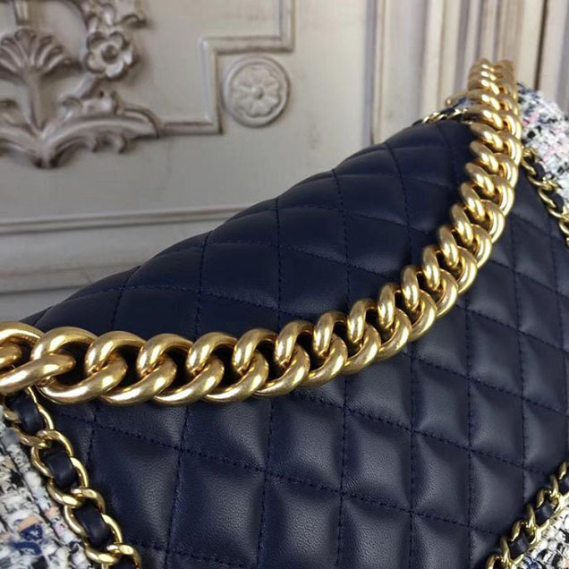 Chanel Boy Old Medium 25cm Bag Tweed Lambskin Leather Fall Winter 2017 Act 2 Collection Navy Blue