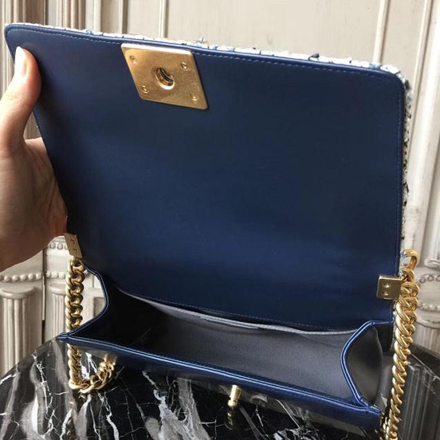 Chanel Boy Old Medium 25cm Bag Tweed Lambskin Leather Fall Winter 2017 Act 2 Collection Navy Blue