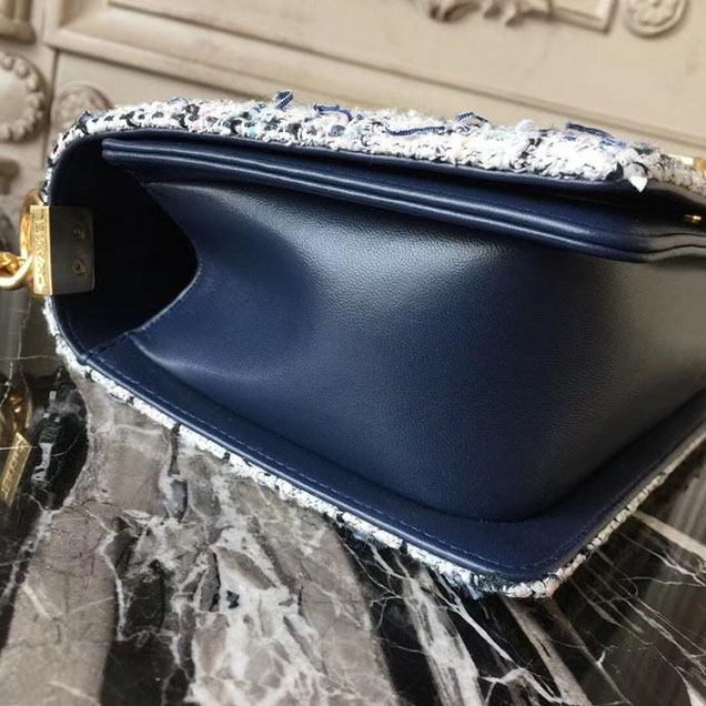 Chanel Boy Old Medium 25cm Bag Tweed Lambskin Leather Fall Winter 2017 Act 2 Collection Navy Blue