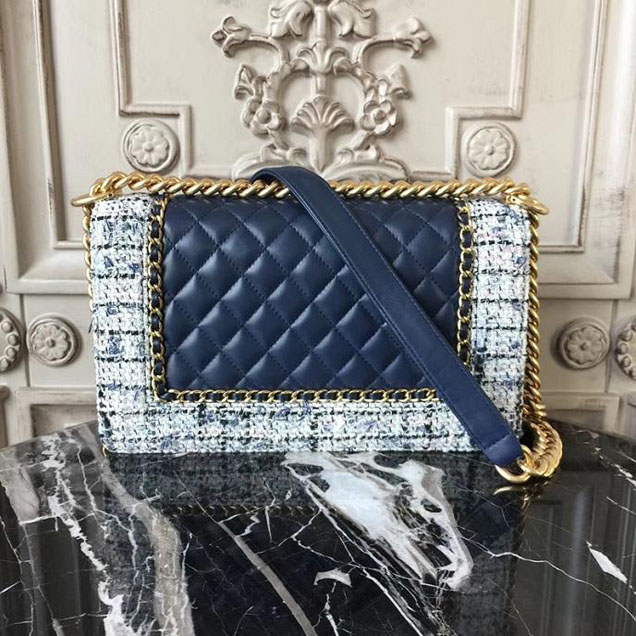 Chanel Boy Old Medium 25cm Bag Tweed Lambskin Leather Fall Winter 2017 Act 2 Collection Navy Blue