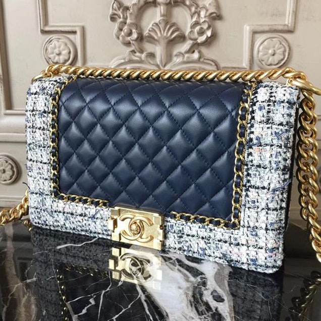 Chanel Boy Old Medium 25cm Bag Tweed Lambskin Leather Fall Winter 2017 Act 2 Collection Navy Blue