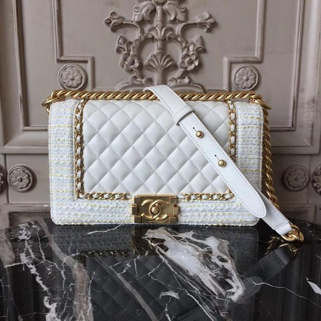 Chanel Boy Old Medium 25cm Bag Tweed Lambskin Leather Fall Winter 2017 Act 2 Collection White