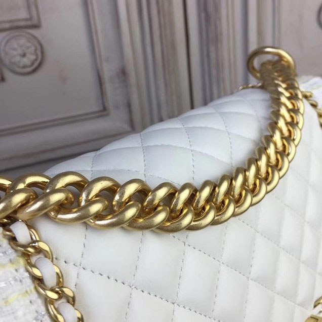 Chanel Boy Old Medium 25cm Bag Tweed Lambskin Leather Fall Winter 2017 Act 2 Collection White