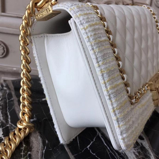Chanel Boy Old Medium 25cm Bag Tweed Lambskin Leather Fall Winter 2017 Act 2 Collection White