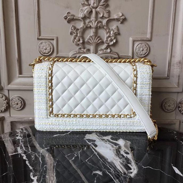 Chanel Boy Old Medium 25cm Bag Tweed Lambskin Leather Fall Winter 2017 Act 2 Collection White