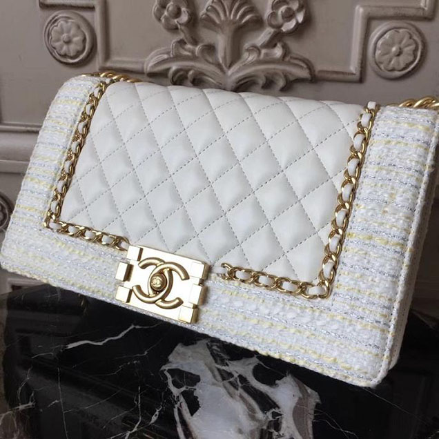 Chanel Boy Old Medium 25cm Bag Tweed Lambskin Leather Fall Winter 2017 Act 2 Collection White