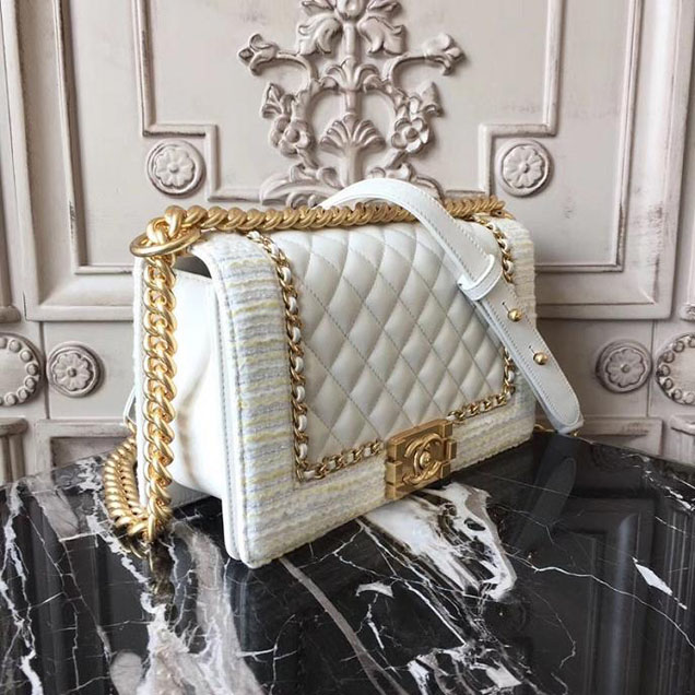 Chanel Boy Old Medium 25cm Bag Tweed Lambskin Leather Fall Winter 2017 Act 2 Collection White