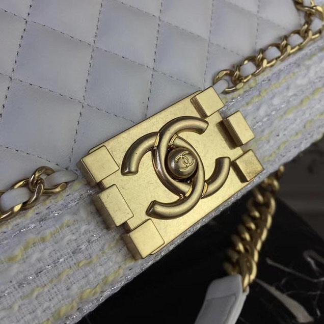 Chanel Boy Old Medium 25cm Bag Tweed Lambskin Leather Fall Winter 2017 Act 2 Collection White
