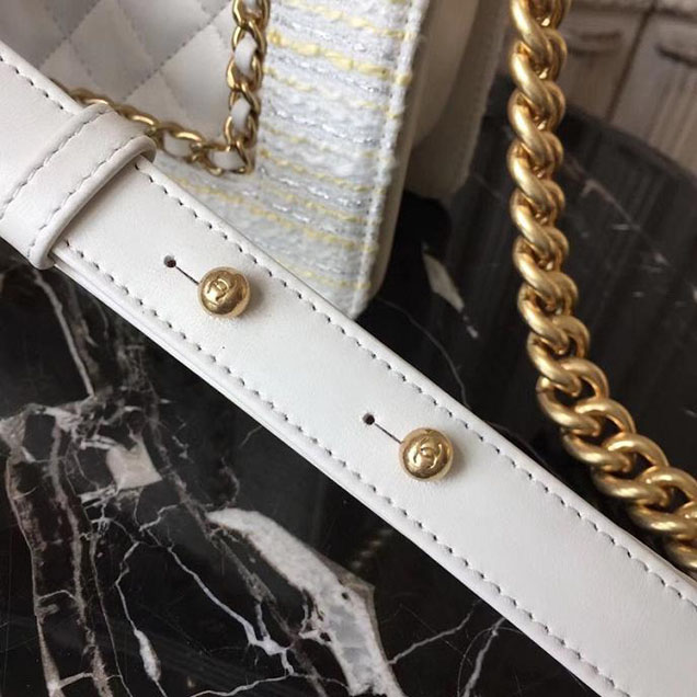 Chanel Boy Old Medium 25cm Bag Tweed Lambskin Leather Fall Winter 2017 Act 2 Collection White