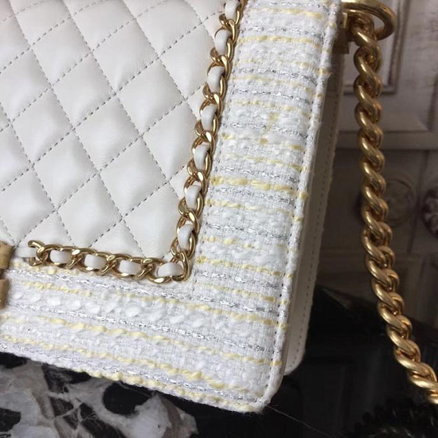 Chanel Boy Old Medium 25cm Bag Tweed Lambskin Leather Fall Winter 2017 Act 2 Collection White