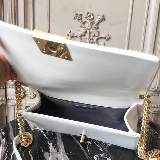 Chanel Boy Old Medium 25cm Bag Tweed Lambskin Leather Fall Winter 2017 Act 2 Collection White