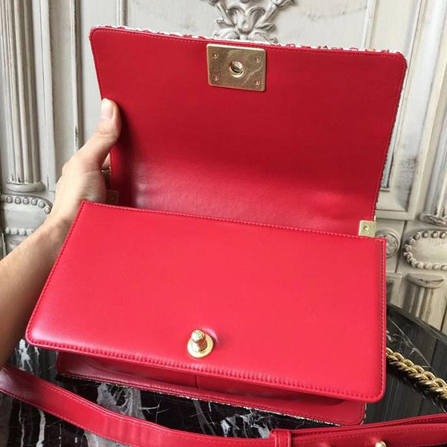 Chanel Boy Old Medium 25cm Bag Tweed Lambskin Leather Fall Winter 2017 Act 2 Collection Red