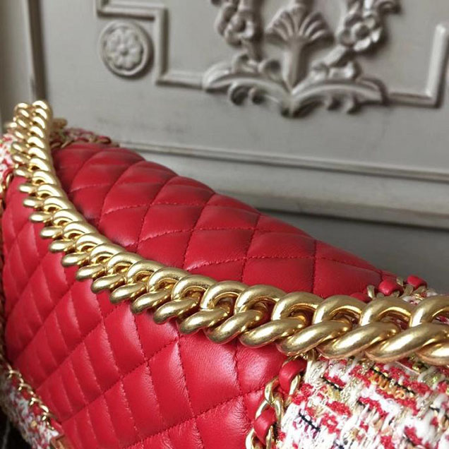 Chanel Boy Old Medium 25cm Bag Tweed Lambskin Leather Fall Winter 2017 Act 2 Collection Red