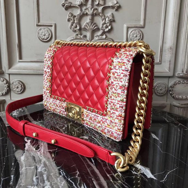 Chanel Boy Old Medium 25cm Bag Tweed Lambskin Leather Fall Winter 2017 Act 2 Collection Red