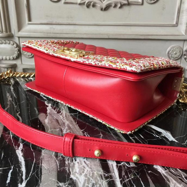 Chanel Boy Old Medium 25cm Bag Tweed Lambskin Leather Fall Winter 2017 Act 2 Collection Red