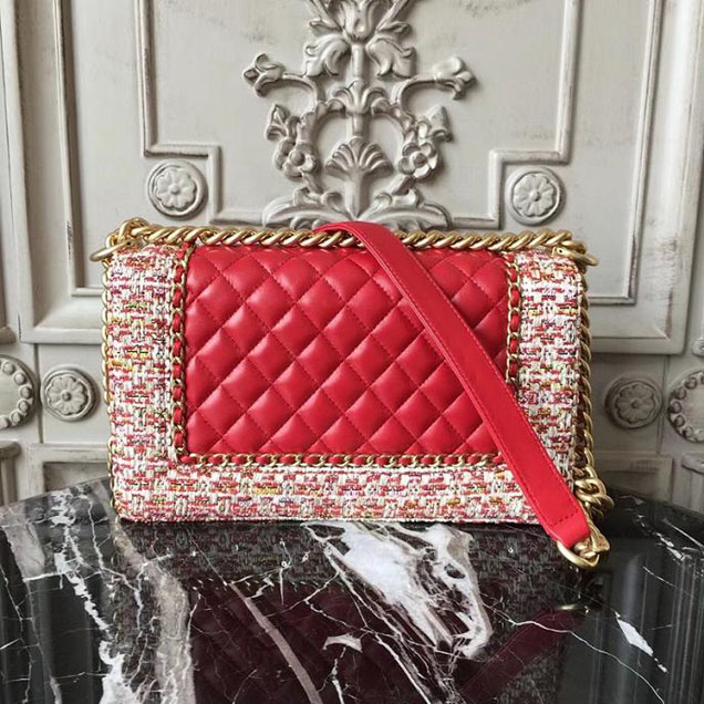 Chanel Boy Old Medium 25cm Bag Tweed Lambskin Leather Fall Winter 2017 Act 2 Collection Red