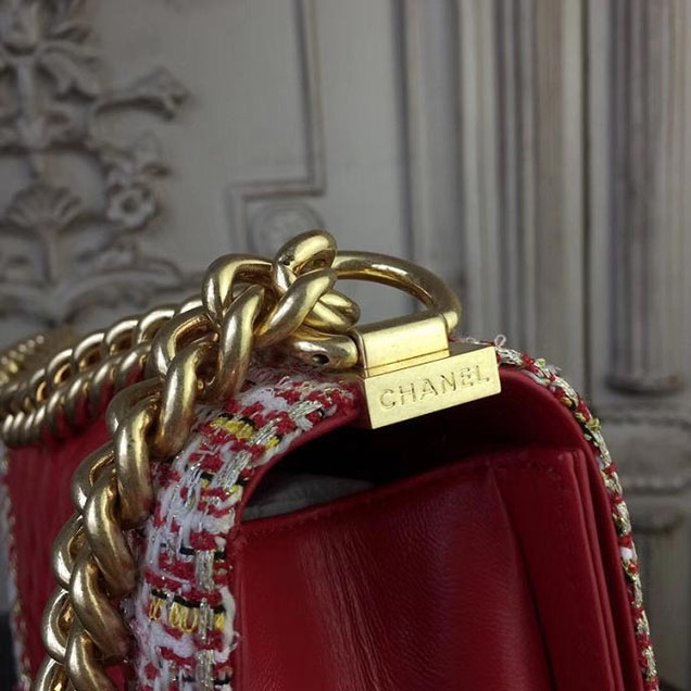 Chanel Boy Old Medium 25cm Bag Tweed Lambskin Leather Fall Winter 2017 Act 2 Collection Red