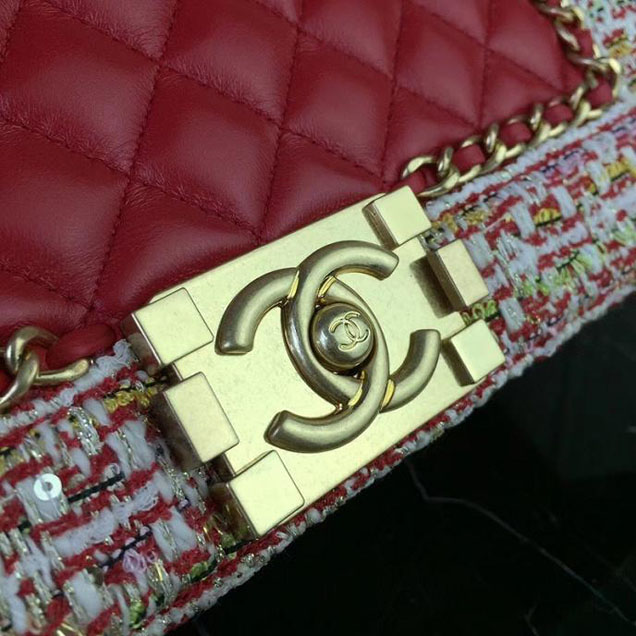 Chanel Boy Old Medium 25cm Bag Tweed Lambskin Leather Fall Winter 2017 Act 2 Collection Red
