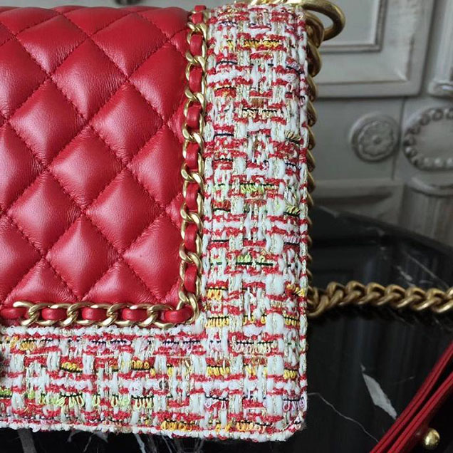 Chanel Boy Old Medium 25cm Bag Tweed Lambskin Leather Fall Winter 2017 Act 2 Collection Red