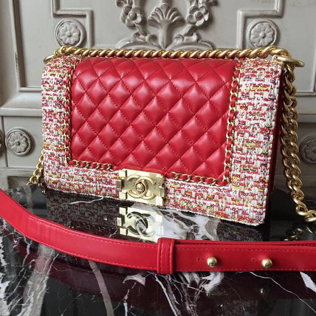 Chanel Boy Old Medium 25cm Bag Tweed Lambskin Leather Fall Winter 2017 Act 2 Collection Red