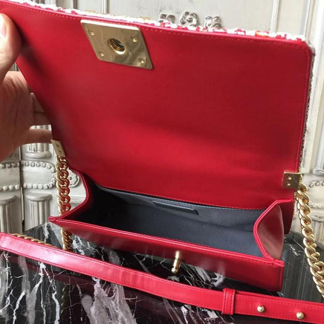 Chanel Boy Old Medium 25cm Bag Tweed Lambskin Leather Fall Winter 2017 Act 2 Collection Red