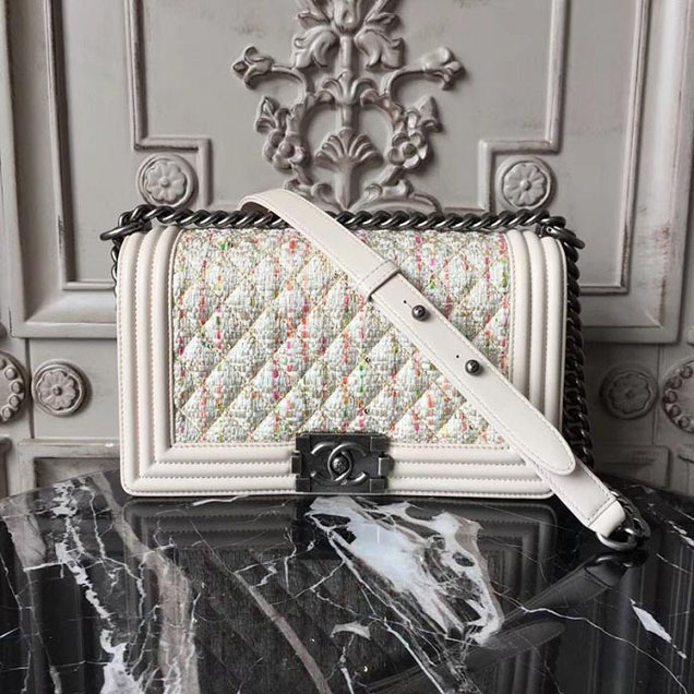 Chanel Boy Old Medium 25cm Bag Tweed Lambskin Leather Fall Winter 2017 Act 2 Collection Off White Multi