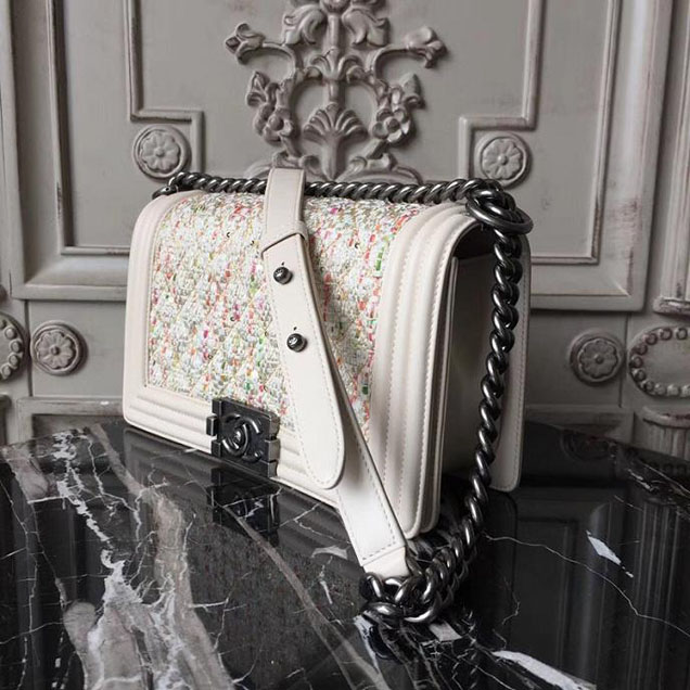 Chanel Boy Old Medium 25cm Bag Tweed Lambskin Leather Fall Winter 2017 Act 2 Collection Off White Multi