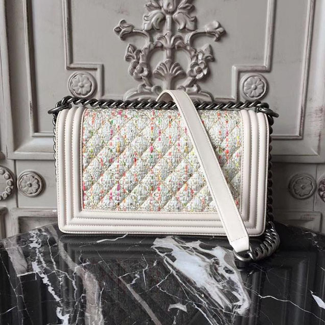 Chanel Boy Old Medium 25cm Bag Tweed Lambskin Leather Fall Winter 2017 Act 2 Collection Off White Multi