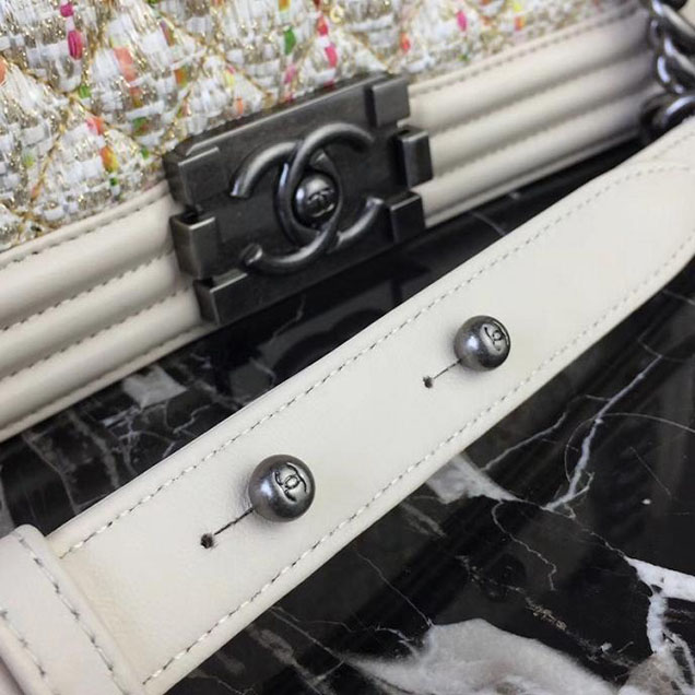 Chanel Boy Old Medium 25cm Bag Tweed Lambskin Leather Fall Winter 2017 Act 2 Collection Off White Multi