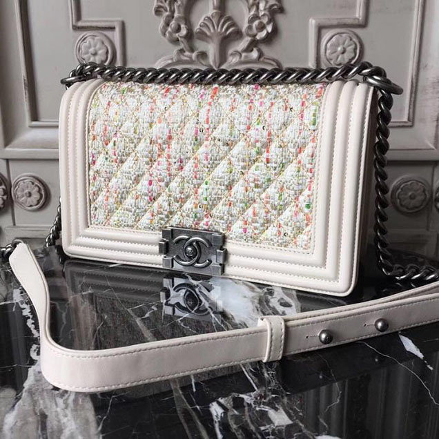 Chanel Boy Old Medium 25cm Bag Tweed Lambskin Leather Fall Winter 2017 Act 2 Collection Off White Multi