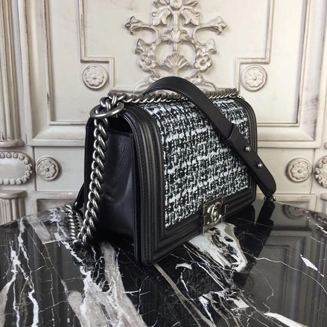 Chanel Boy Old Medium 25cm Bag Tweed Lambskin Leather Fall Winter 2017 Act 2 Collection Black