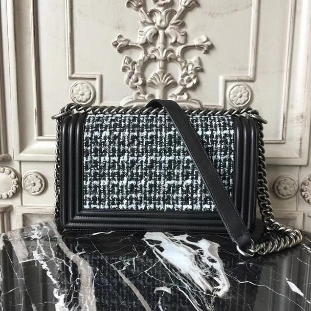 Chanel Boy Old Medium 25cm Bag Tweed Lambskin Leather Fall Winter 2017 Act 2 Collection Black