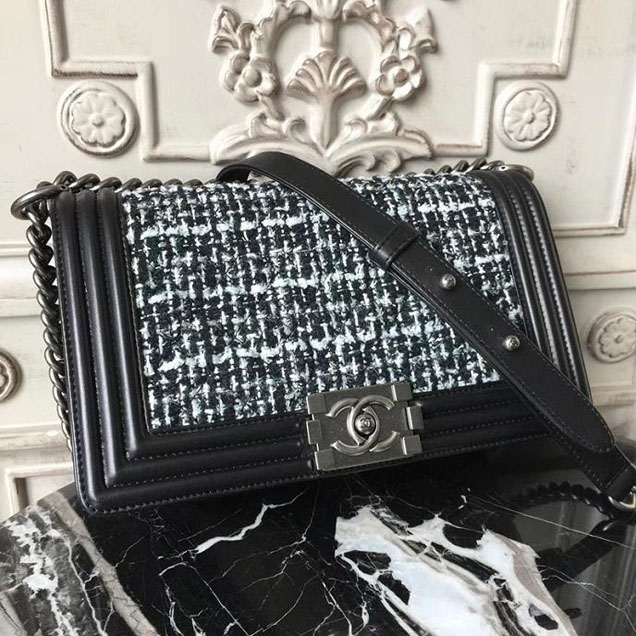 Chanel Boy Old Medium 25cm Bag Tweed Lambskin Leather Fall Winter 2017 Act 2 Collection Black