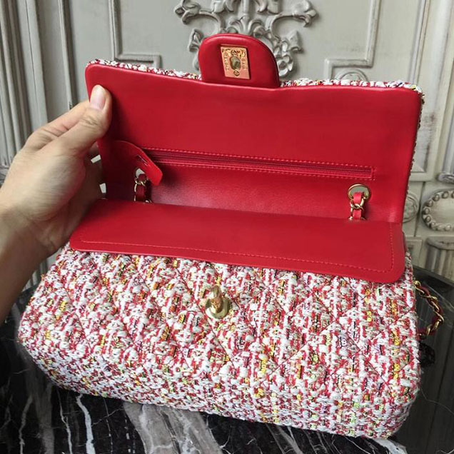 Chanel Multicolor Tweed Classic Flap Bag Medium 25cm Tweed Lambskin Leather Fall Winter 2017 Act 2 Collection Red Multi