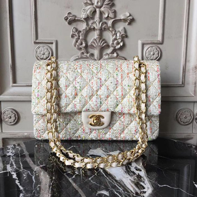 Chanel Multicolor Tweed Classic Flap Bag Medium 25cm Tweed Lambskin Leather Fall Winter 2017 Act 2 Collection Off White Multi