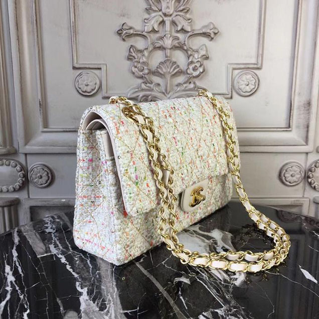 Chanel Multicolor Tweed Classic Flap Bag Medium 25cm Tweed Lambskin Leather Fall Winter 2017 Act 2 Collection Off White Multi
