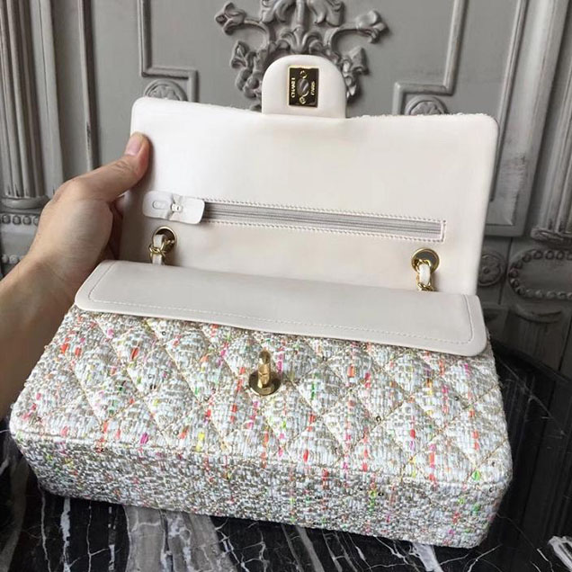 Chanel Multicolor Tweed Classic Flap Bag Medium 25cm Tweed Lambskin Leather Fall Winter 2017 Act 2 Collection Off White Multi