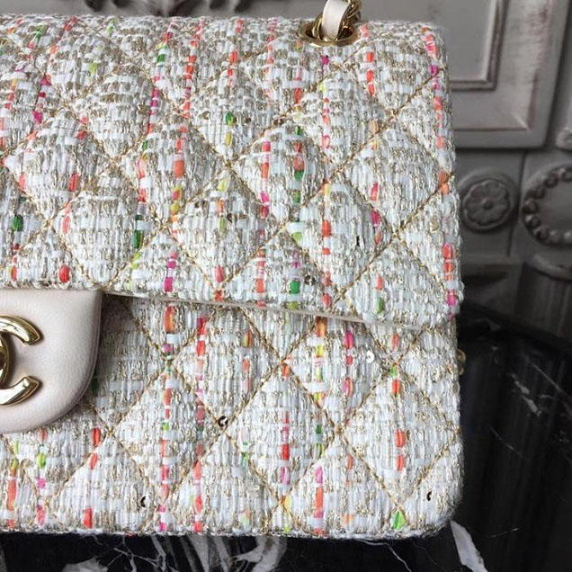Chanel Multicolor Tweed Classic Flap Bag Medium 25cm Tweed Lambskin Leather Fall Winter 2017 Act 2 Collection Off White Multi