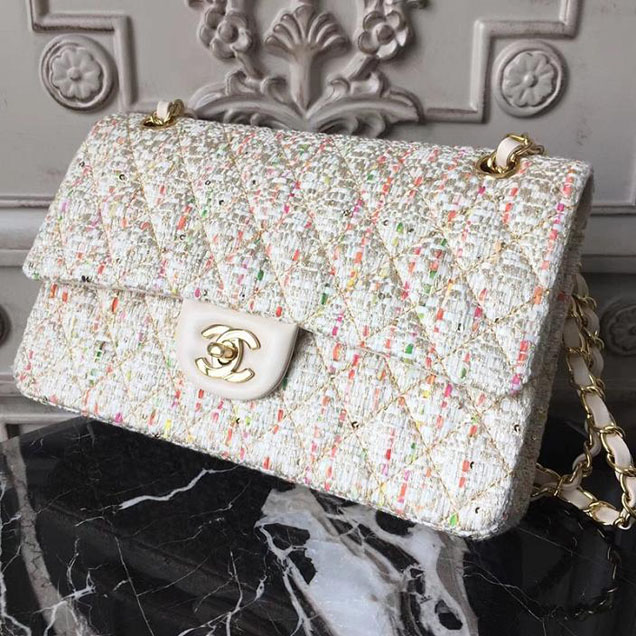 Chanel Multicolor Tweed Classic Flap Bag Medium 25cm Tweed Lambskin Leather Fall Winter 2017 Act 2 Collection Off White Multi