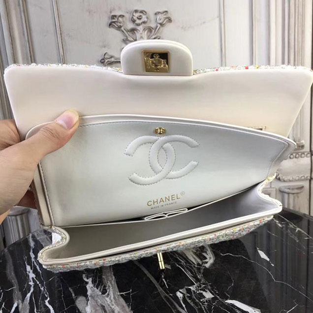 Chanel Multicolor Tweed Classic Flap Bag Medium 25cm Tweed Lambskin Leather Fall Winter 2017 Act 2 Collection Off White Multi