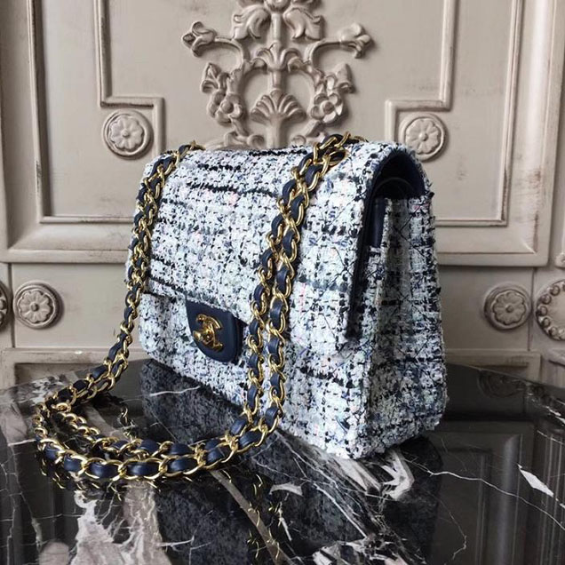 Chanel Multicolor Tweed Classic Flap Bag Medium 25cm Tweed Lambskin Leather Fall Winter 2017 Act 2 Collection Navy Blue