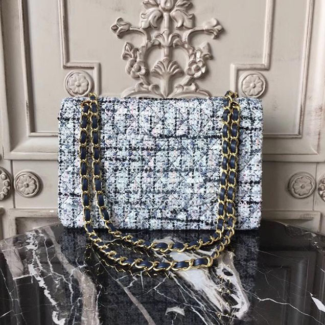 Chanel Multicolor Tweed Classic Flap Bag Medium 25cm Tweed Lambskin Leather Fall Winter 2017 Act 2 Collection Navy Blue