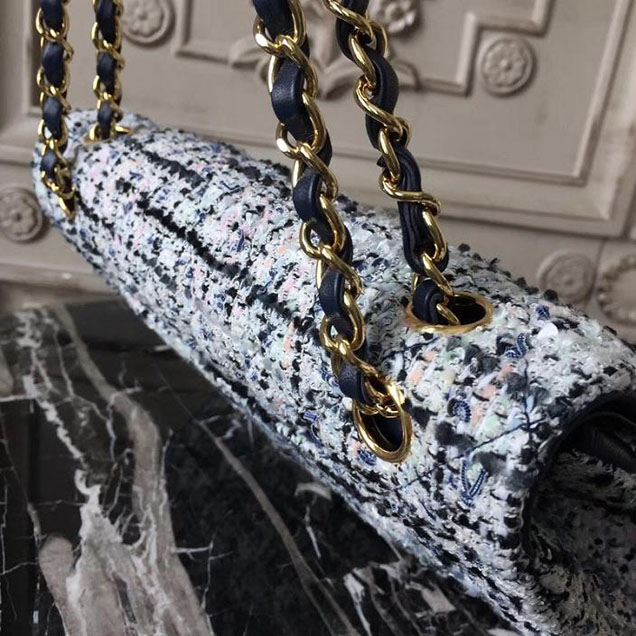 Chanel Multicolor Tweed Classic Flap Bag Medium 25cm Tweed Lambskin Leather Fall Winter 2017 Act 2 Collection Navy Blue