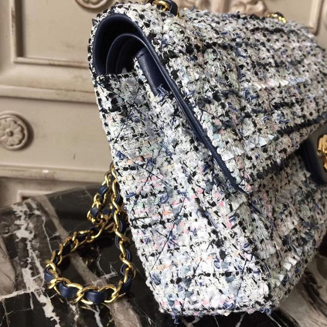 Chanel Multicolor Tweed Classic Flap Bag Medium 25cm Tweed Lambskin Leather Fall Winter 2017 Act 2 Collection Navy Blue