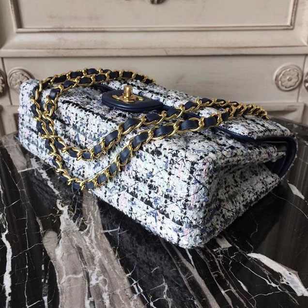 Chanel Multicolor Tweed Classic Flap Bag Medium 25cm Tweed Lambskin Leather Fall Winter 2017 Act 2 Collection Navy Blue