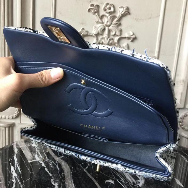 Chanel Multicolor Tweed Classic Flap Bag Medium 25cm Tweed Lambskin Leather Fall Winter 2017 Act 2 Collection Navy Blue